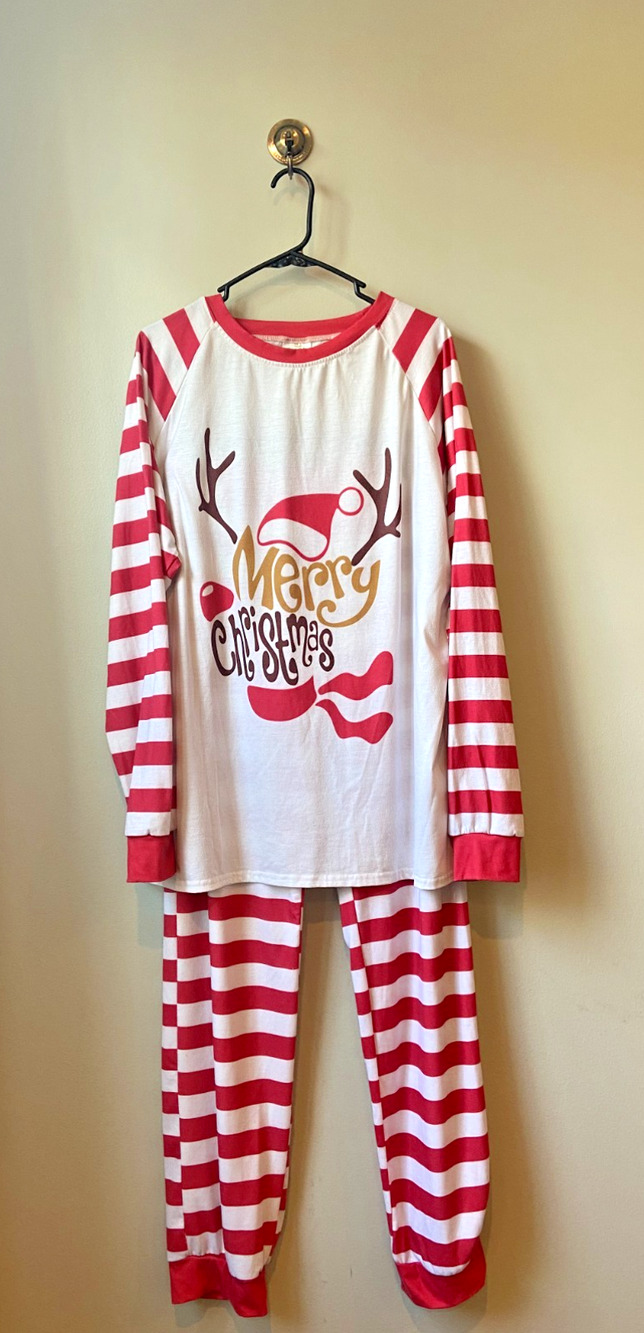 Mens Red and White Stripe Christmas Pajama Set, Reindeer on front, Size XL